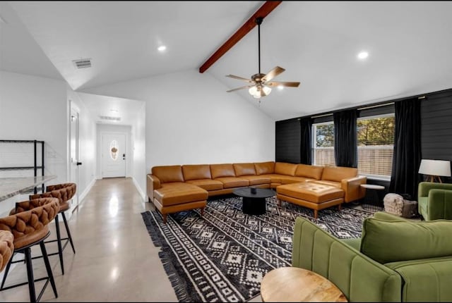 249 Hill Dr, Granite Shoals, TX 78654 - living room with beam ceiling, finished concrete floors, ceiling fan, baseboards, and recessed lighting