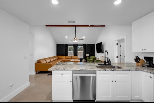 249 Hill Dr, Granite Shoals, TX 78654 - kitchen with stainless steel dishwasher, a sink, a peninsula, ceiling fan, and white cabinetry