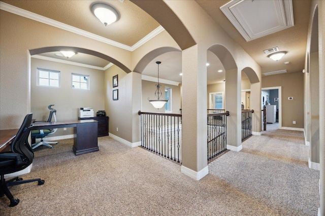 613 Horseback Holw, Austin, TX 78732 - office with light carpet, attic access, crown molding, baseboards, and arched walkways