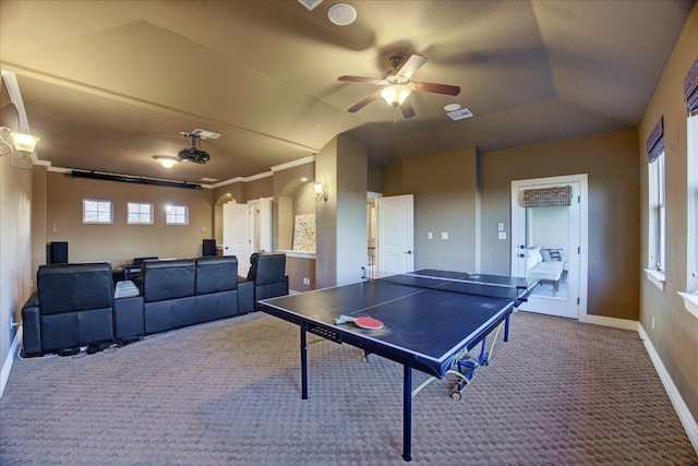 613 Horseback Holw, Austin, TX 78732 - rec room with carpet, a ceiling fan, baseboards, and arched walkways