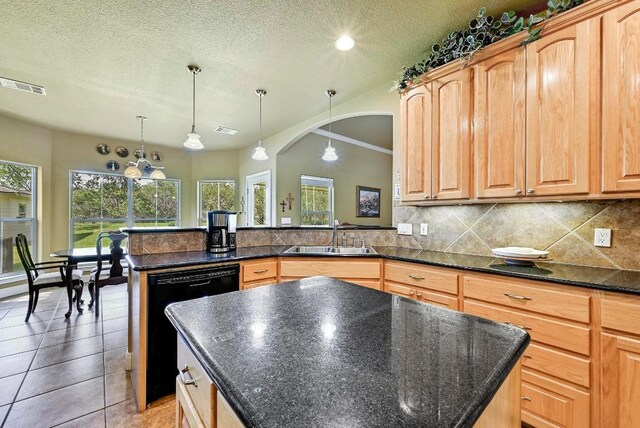 217 Circle Oaks Dr, Burnet, TX 78611 - kitchen with a sink, black dishwasher, a kitchen island, a peninsula, and tasteful backsplash
