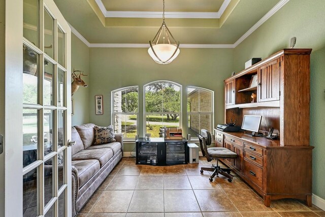 217 Circle Oaks Dr, Burnet, TX 78611 - office area with a tray ceiling, tile patterned flooring, a high ceiling, and baseboards