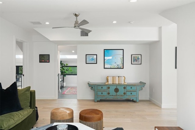 2010 Oxford Ave, Austin, TX 78704 - living room with light wood-type flooring, a ceiling fan, recessed lighting, and baseboards