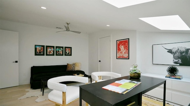 2010 Oxford Ave, Austin, TX 78704 - office area featuring a skylight, light wood finished floors, vaulted ceiling, recessed lighting, and a ceiling fan