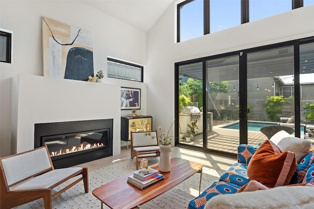 2010 Oxford Ave, Austin, TX 78704 - living room with healthy amount of natural light, high vaulted ceiling, a glass covered fireplace, and wood finished floors