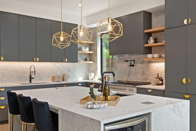 2010 Oxford Ave, Austin, TX 78704 - kitchen with open shelves, exhaust hood, and modern cabinets