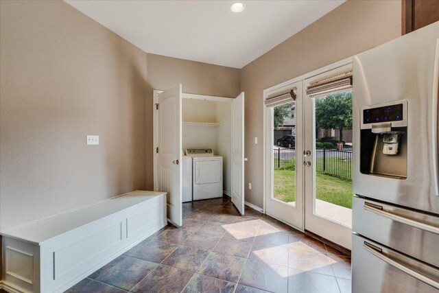 9837 Milla Cir Unit 72, Austin, TX 78748 - washroom featuring french doors, baseboards, dark stone finish floors, and recessed lighting