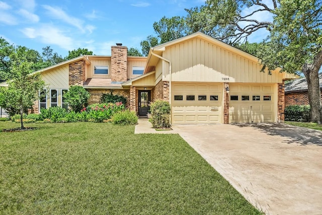 7006 Beckett Rd, Austin, TX 78749 - mid-century modern home with an attached garage, brick siding, concrete driveway, and a front lawn