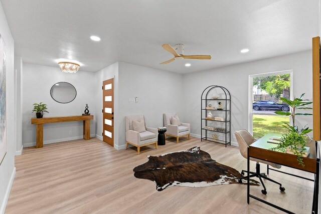 7302 Hartnell Dr, Austin, TX 78723 - home office with wood finished floors, baseboards, recessed lighting, and a ceiling fan