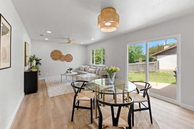 7302 Hartnell Dr, Austin, TX 78723 - dining space with light wood-style flooring, baseboards, recessed lighting, and a ceiling fan
