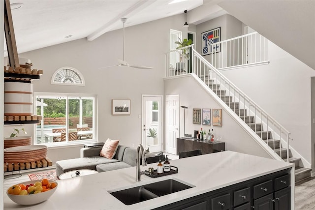8504 Verona Trl, Austin, TX 78749 - kitchen with high vaulted ceiling, dark cabinetry, wood finished floors, light countertops, and beamed ceiling