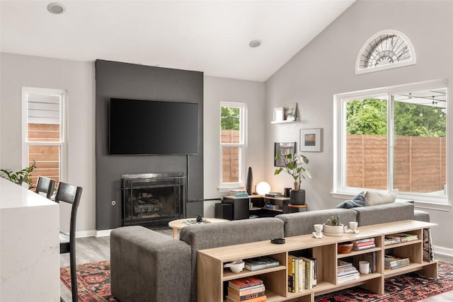 8504 Verona Trl, Austin, TX 78749 - living room with a fireplace, wood finished floors, and high vaulted ceiling