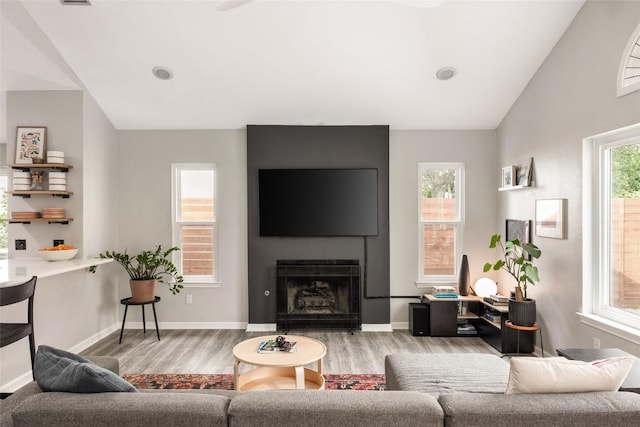8504 Verona Trl, Austin, TX 78749 - living area featuring wood finished floors, a large fireplace, and vaulted ceiling
