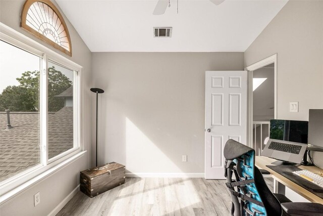 8504 Verona Trl, Austin, TX 78749 - office area featuring vaulted ceiling, wood finished floors, and a ceiling fan