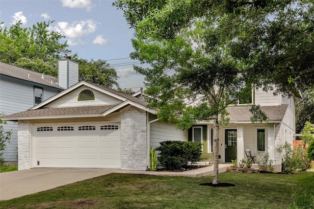 8504 Verona Trl, Austin, TX 78749 - view of front of property featuring a garage, concrete driveway, roof with shingles, stone siding, and a front yard