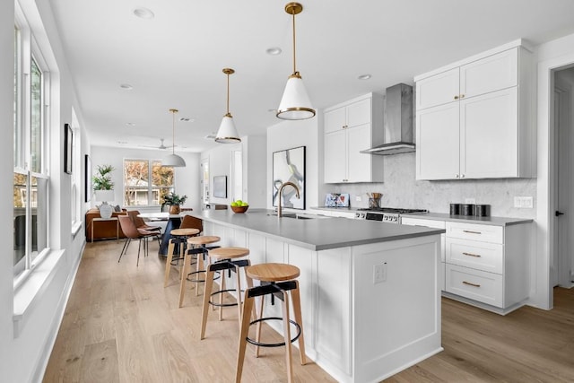 2105 Sl Davis Ave Unit 1, Austin, TX 78702 - kitchen with wall chimney range hood, a sink, tasteful backsplash, light wood-style flooring, and open floor plan