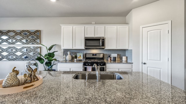 13702 Bothwell Pl, Manor, TX 78653 - kitchen with stainless steel appliances, a sink, decorative backsplash, and white cabinetry