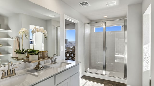 13702 Bothwell Pl, Manor, TX 78653 - full bathroom with double vanity, wood finished floors, and a shower stall