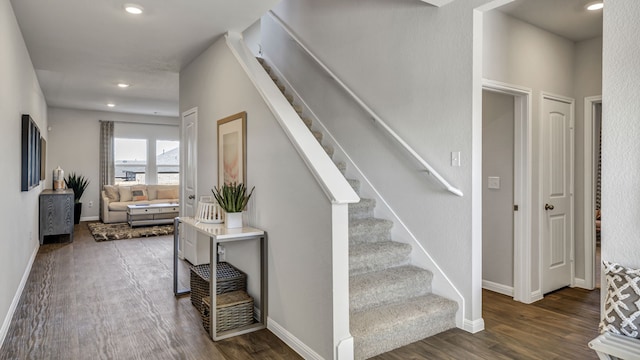 13702 Bothwell Pl, Manor, TX 78653 - stairs with wood finished floors, baseboards, and recessed lighting