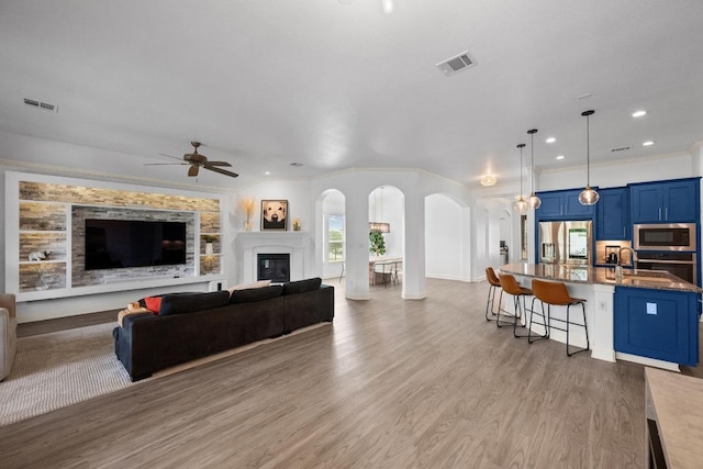 2565 Reunion Blvd, Austin, TX 78737 - living room featuring arched walkways, a ceiling fan, a glass covered fireplace, light wood finished floors, and ornamental molding