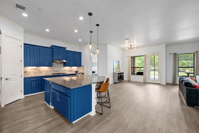 2565 Reunion Blvd, Austin, TX 78737 - kitchen with open floor plan, blue cabinets, under cabinet range hood, a kitchen breakfast bar, and decorative backsplash