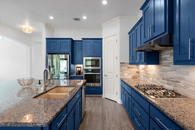 2565 Reunion Blvd, Austin, TX 78737 - kitchen with stainless steel appliances, a sink, blue cabinetry, under cabinet range hood, and a center island with sink