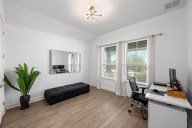 2565 Reunion Blvd, Austin, TX 78737 - office area with lofted ceiling, light wood-style floors, a chandelier, and baseboards