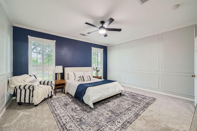 1237 Fall Creek Loop, Cedar Park, TX 78613 - bedroom with a decorative wall, ornamental molding, light carpet, and a ceiling fan