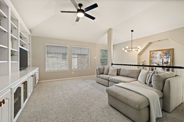 1237 Fall Creek Loop, Cedar Park, TX 78613 - living room with lofted ceiling, a chandelier, light carpet, a ceiling fan, and baseboards