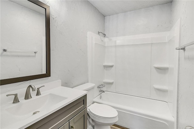9406 Quail Meadow Dr, Austin, TX 78758 - bathroom with shower / bathtub combination, vanity, toilet, and a textured wall