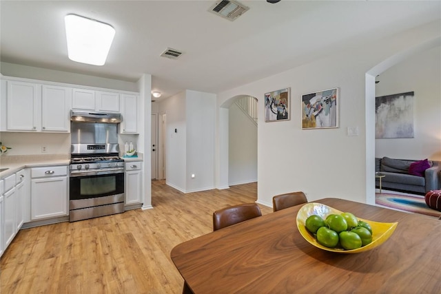 11710 Raymond C Ewry Ln, Austin, TX 78748 - kitchen with stainless steel gas range oven, arched walkways, under cabinet range hood, light countertops, and light wood-style flooring
