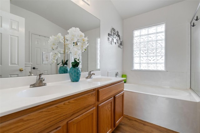11710 Raymond C Ewry Ln, Austin, TX 78748 - full bath featuring a garden tub, double vanity, and wood finished floors
