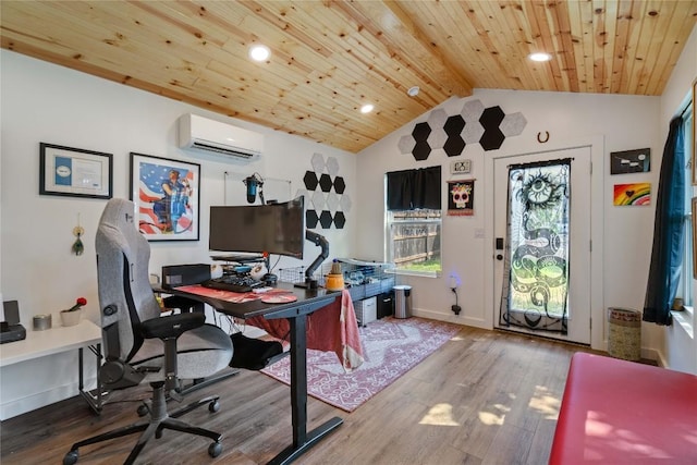 11710 Raymond C Ewry Ln, Austin, TX 78748 - office area with lofted ceiling, a wall unit AC, wood finished floors, wooden ceiling, and baseboards