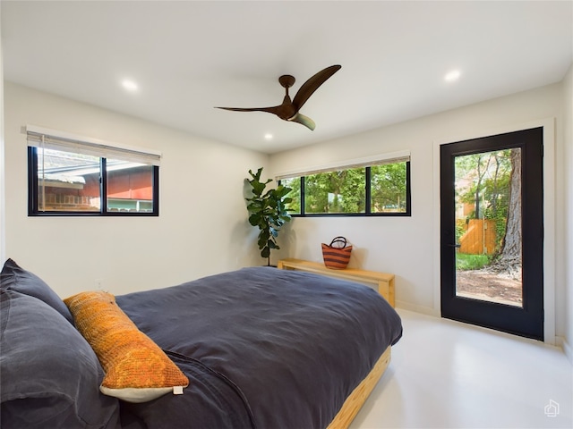 6007 Leisure Run Rd, Austin, TX 78745 - bedroom with recessed lighting, ceiling fan, access to exterior, and finished concrete floors