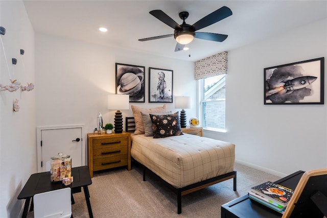 1403 Plum Tree Way, Georgetown, TX 78628 - bedroom with light colored carpet, ceiling fan, baseboards, and recessed lighting