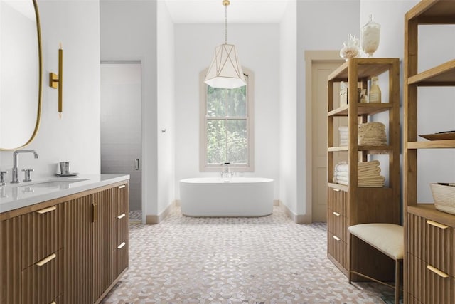 3020 Maravillas Loop, Austin, TX 78735 - full bathroom with vanity, a soaking tub, and baseboards