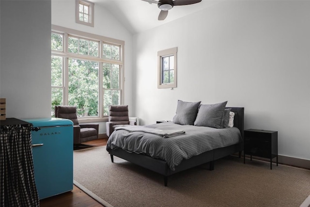 3020 Maravillas Loop, Austin, TX 78735 - bedroom featuring lofted ceiling, dark wood-style flooring, and a ceiling fan
