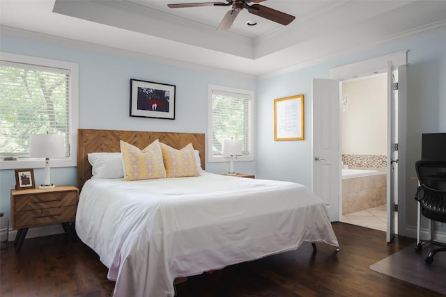 2400 Pruett St, Austin, TX 78703 - bedroom featuring crown molding, a tray ceiling, wood finished floors, ensuite bath, and a ceiling fan