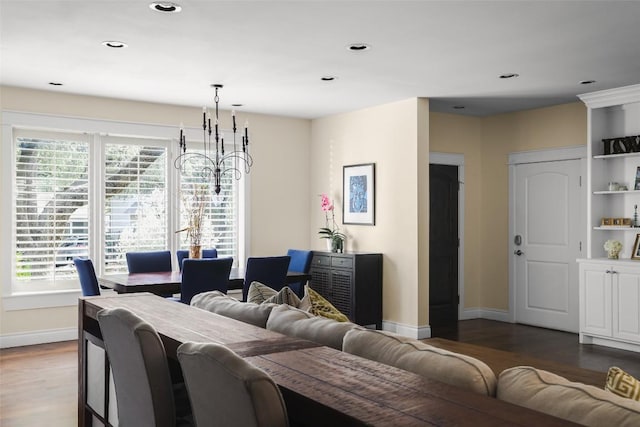 2400 Pruett St, Austin, TX 78703 - dining area with plenty of natural light, baseboards, a chandelier, wood finished floors, and recessed lighting
