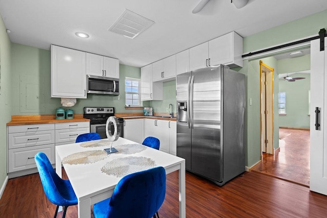 204 Bridges Ln, Buda, TX 78610 - kitchen with appliances with stainless steel finishes, a ceiling fan, white cabinetry, dark wood-style floors, and recessed lighting