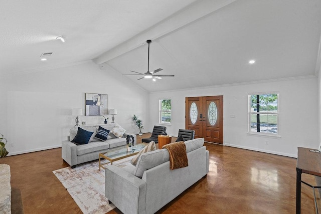 204 Bridges Ln, Buda, TX 78610 - living area with finished concrete floors, a ceiling fan, and baseboards