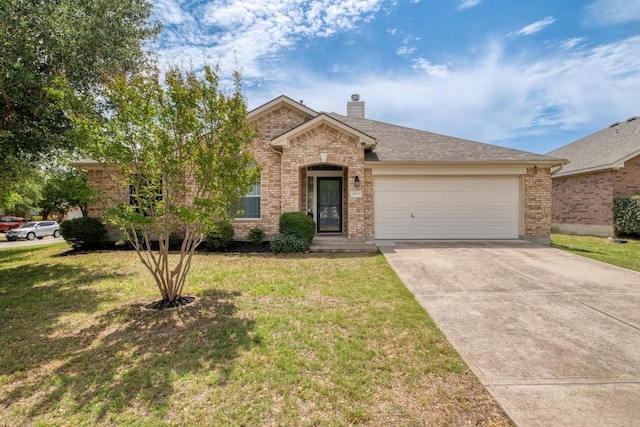18725 Dry Lake Ln, Pflugerville, TX 78660 - view of front of property featuring brick siding, a garage, a front lawn, a chimney, and concrete driveway