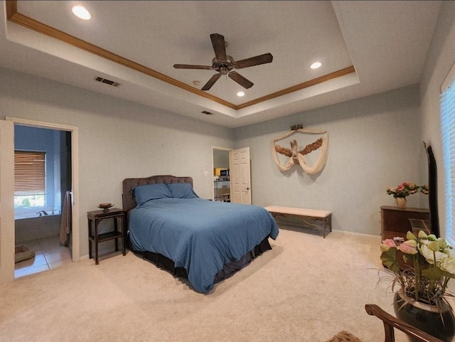1726 Riverchase Ave, Smithville, TX 78957 - bedroom with a tray ceiling, carpet floors, recessed lighting, crown molding, and ceiling fan