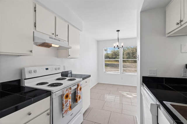 4413 Whispering Valley Dr, Austin, TX 78727 - kitchen featuring white electric range oven, under cabinet range hood, white cabinets, a chandelier, and tile countertops