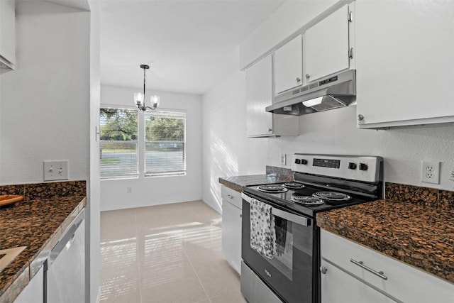 4413 Whispering Valley Dr, Austin, TX 78727 - kitchen with appliances with stainless steel finishes, under cabinet range hood, a chandelier, white cabinetry, and light tile patterned floors