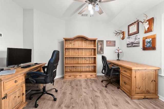 5109 Scenic Lake Dr, Georgetown, TX 78626 - home office with ceiling fan, light wood-type flooring, baseboards, and lofted ceiling