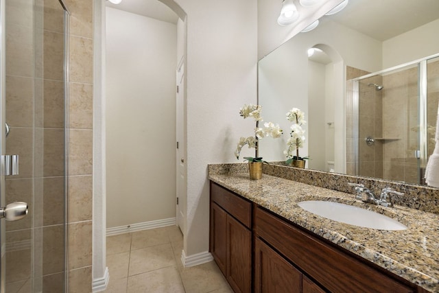 3633 Mineral Dr, Leander, TX 78641 - full bathroom featuring a shower stall, vanity, tile patterned floors, baseboards, and toilet