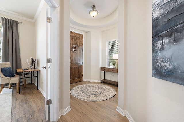 3633 Mineral Dr, Leander, TX 78641 - foyer entrance featuring crown molding, wood finished floors, and baseboards