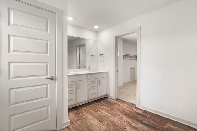 117 Scarborough Way, San Marcos, TX 78666 - full bathroom featuring double vanity, wood finished floors, recessed lighting, and baseboards