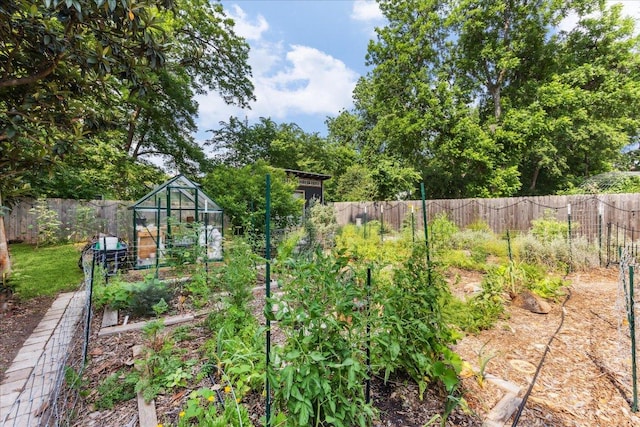 3409 Kay St, Austin, TX 78702 - fenced backyard featuring a greenhouse, a vegetable garden, and an outdoor structure